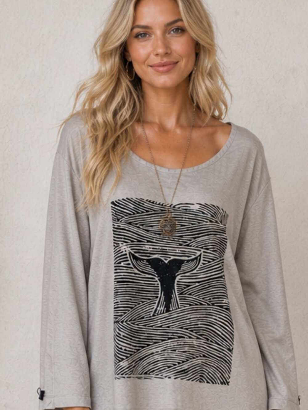 Gray Whale Tail Japanese Line Drawing Scoop Neck Rayon Tunic Top One Size